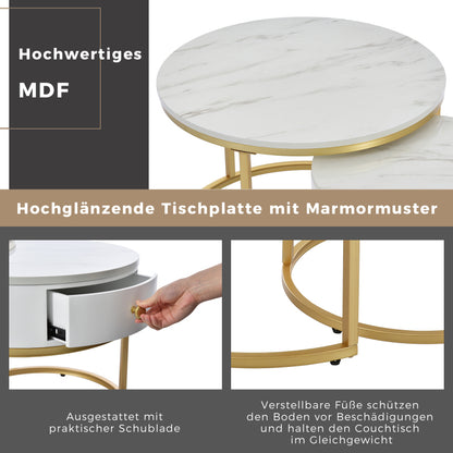 Salontafel – Koffietafel – Bijzettafel – Nachtkastje – Woonkamertafel – Hoogglans Marmerpatroon – Set van 2 Ronde Nesting Tafels 70x70 & 50x50 cm
