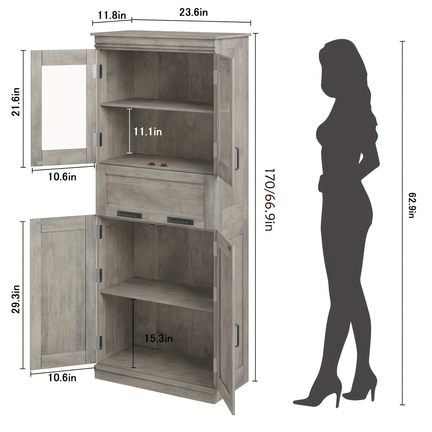 Vrijstaande Opbergkast – Badkamerkast – Boekenkast – Vitrinekast – Kast Met Lade – Modern Grijs – 170 cm Hoog – Verstelbare Planken En Glazen Deuren