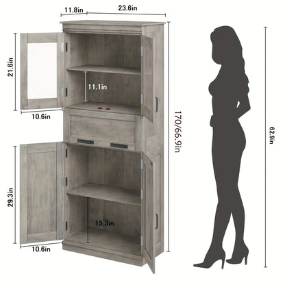 Vrijstaande Opbergkast – Badkamerkast – Boekenkast – Vitrinekast – Kast Met Lade – Modern Grijs – 170 cm Hoog – Verstelbare Planken En Glazen Deuren