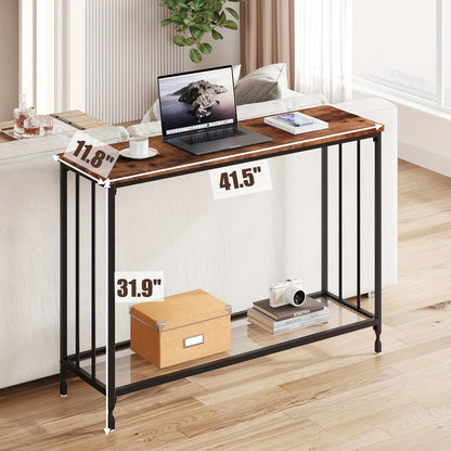 Smalle Sidetable – Smalle Tafel – Console Tafel – Haltafel – Banktafel – Rustiek Bruin – Ruimtebesparend Ontwerp – Stevig Metaal Met Glasplaat