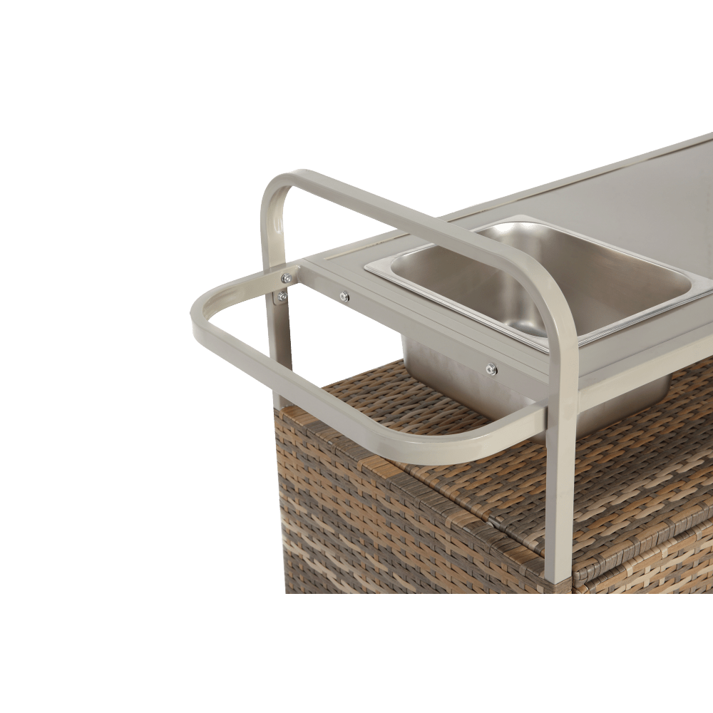 Wicker Bar Trolley – Barkaart – Serveerwagen – Buitenwagen – Tuinwagen – Beige Wicker – Met Metalen Tafelblad – Voorzien Van Vergrendelbare Wieltjes
