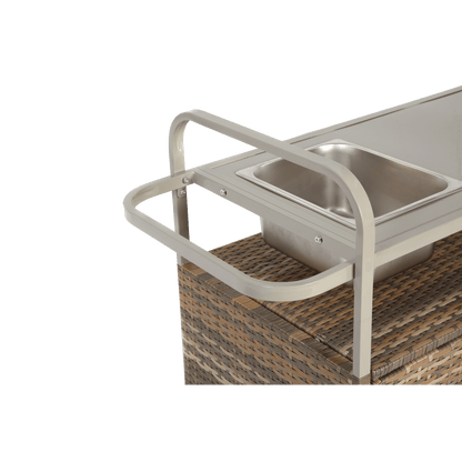 Wicker Bar Trolley – Barkaart – Serveerwagen – Buitenwagen – Tuinwagen – Beige Wicker – Met Metalen Tafelblad – Voorzien Van Vergrendelbare Wieltjes