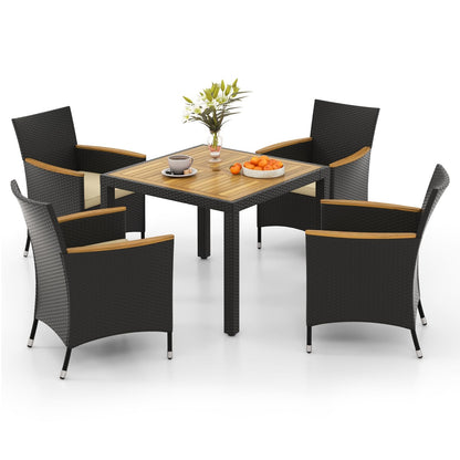 Rattan Tuinmeubelset – Tuinset – Buitenmeubilair – Terrasmeubels – Tuinmeubelen – 5-delig voor 4 Personen – Acaciahouten Tafelblad – Inclusief Parasolopening