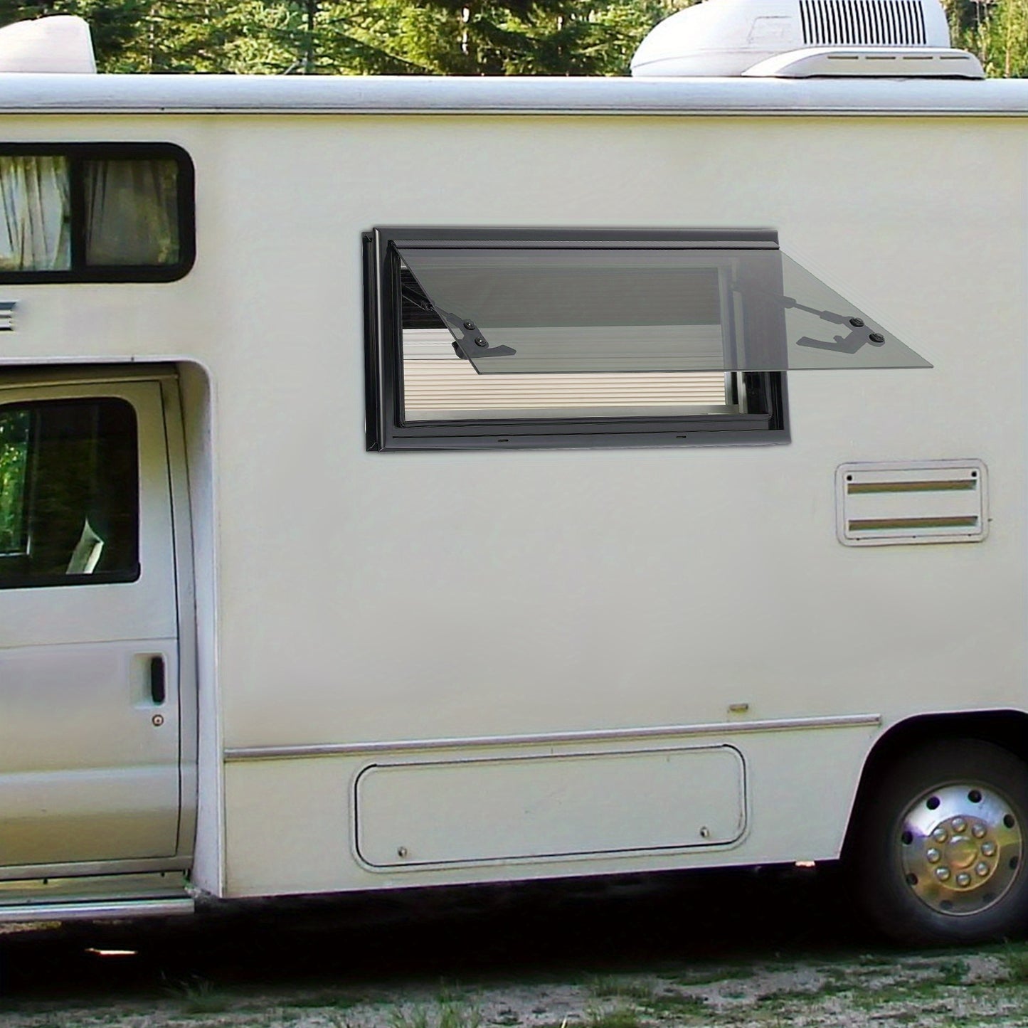 Uitschuifbaar Raam Caravan – Camperraam – Schuifraam – Ventilatieraam – Raam Met Hor – Donker Getint Glas – Aluminium Frame – Maximale Opening 85° – Insectenwering