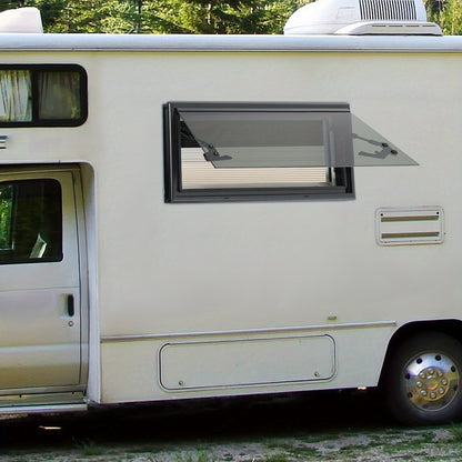 Uitschuifbaar Raam Caravan – Camperraam – Schuifraam – Ventilatieraam – Raam Met Hor – Donker Getint Glas – Aluminium Frame – Maximale Opening 85° – Insectenwering