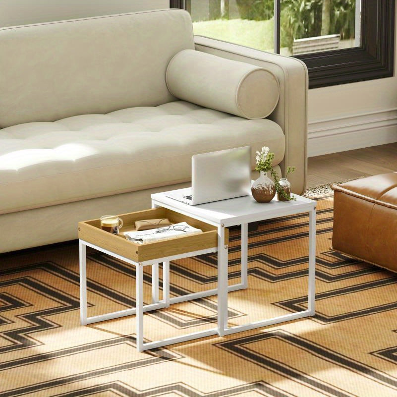 Salontafel Set – Koffietafel – Bijzettafel – Woonkamertafel – Hoektafel – White Oak Houten Blad – Stevig Stalen Frame – Draagkracht 30 kg – Weerbestendig Design