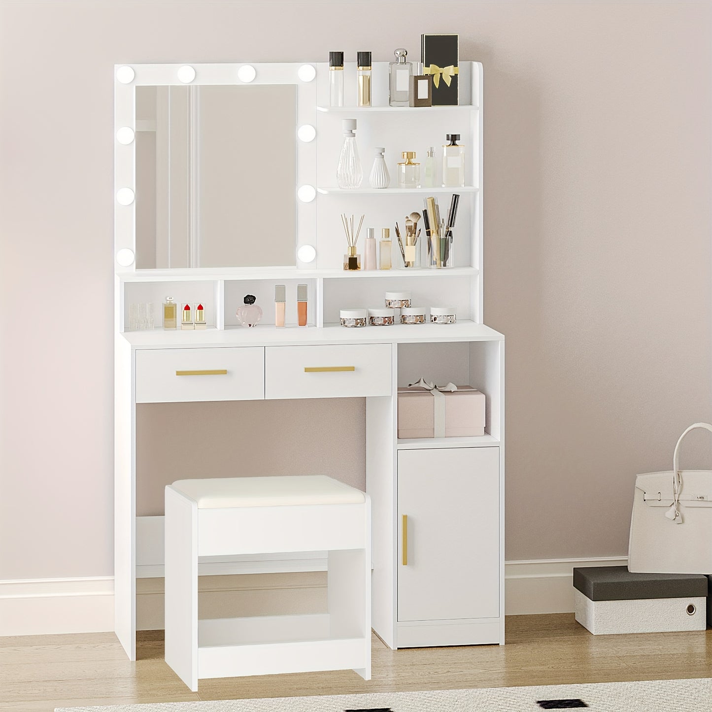 Kaptafel – Make-Up Tafel – Cosmeticatafel – Sieradentafel – Opbergmeubel – Wit – 10 LED Verlichting Met Verstelbare Helderheid – 2 Lades + 1 Kast