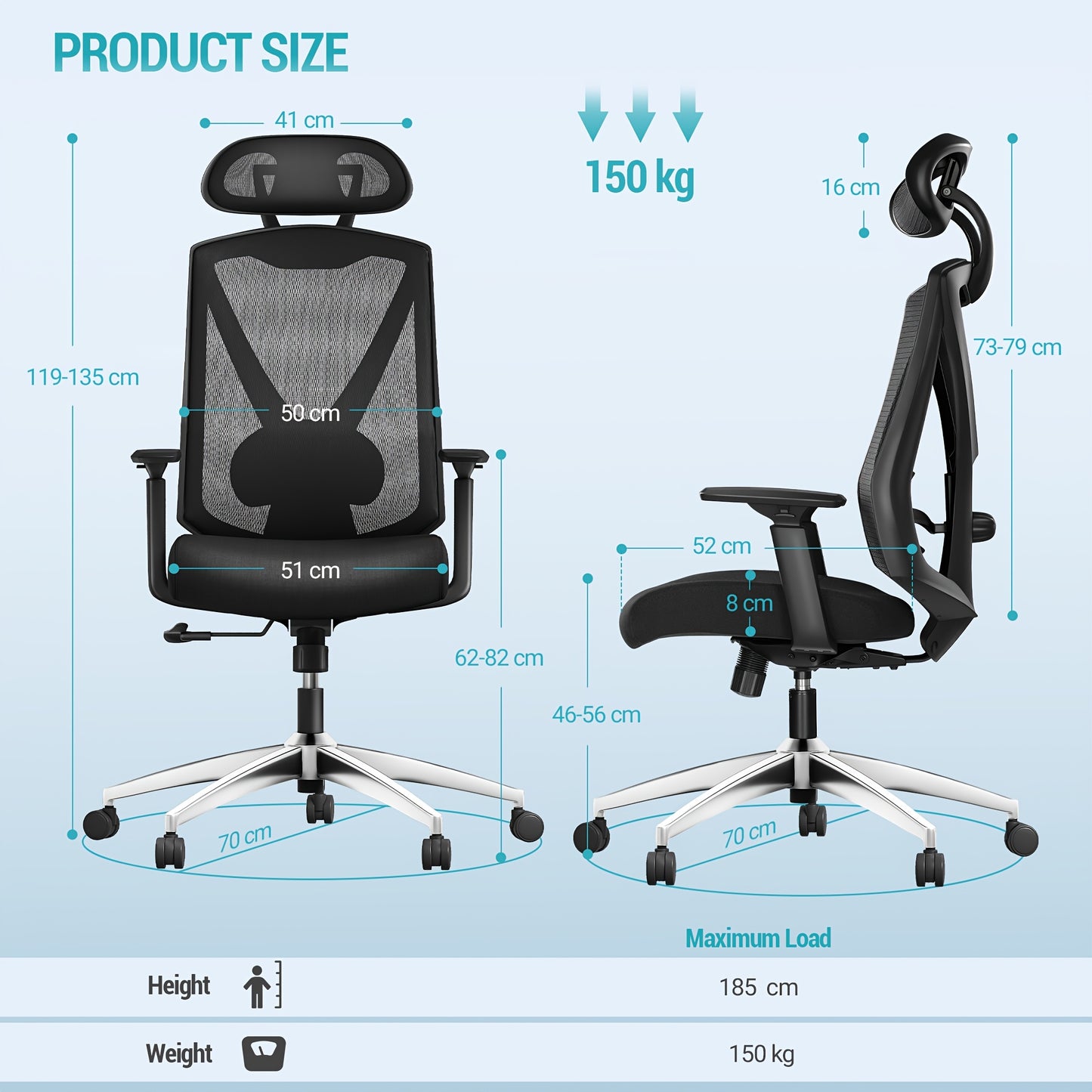Ergonomische bureaustoel – Bureau stoel – Computergame stoel – Werkstoel – Draai stoel – Hoogte verstelbaar – Verstelbare lende- en hoofdsteun – Zwart
