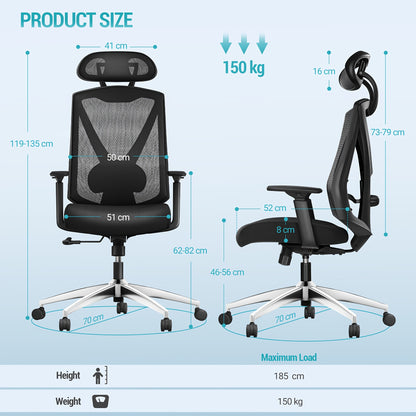 Ergonomische bureaustoel – Bureau stoel – Computergame stoel – Werkstoel – Draai stoel – Hoogte verstelbaar – Verstelbare lende- en hoofdsteun – Zwart