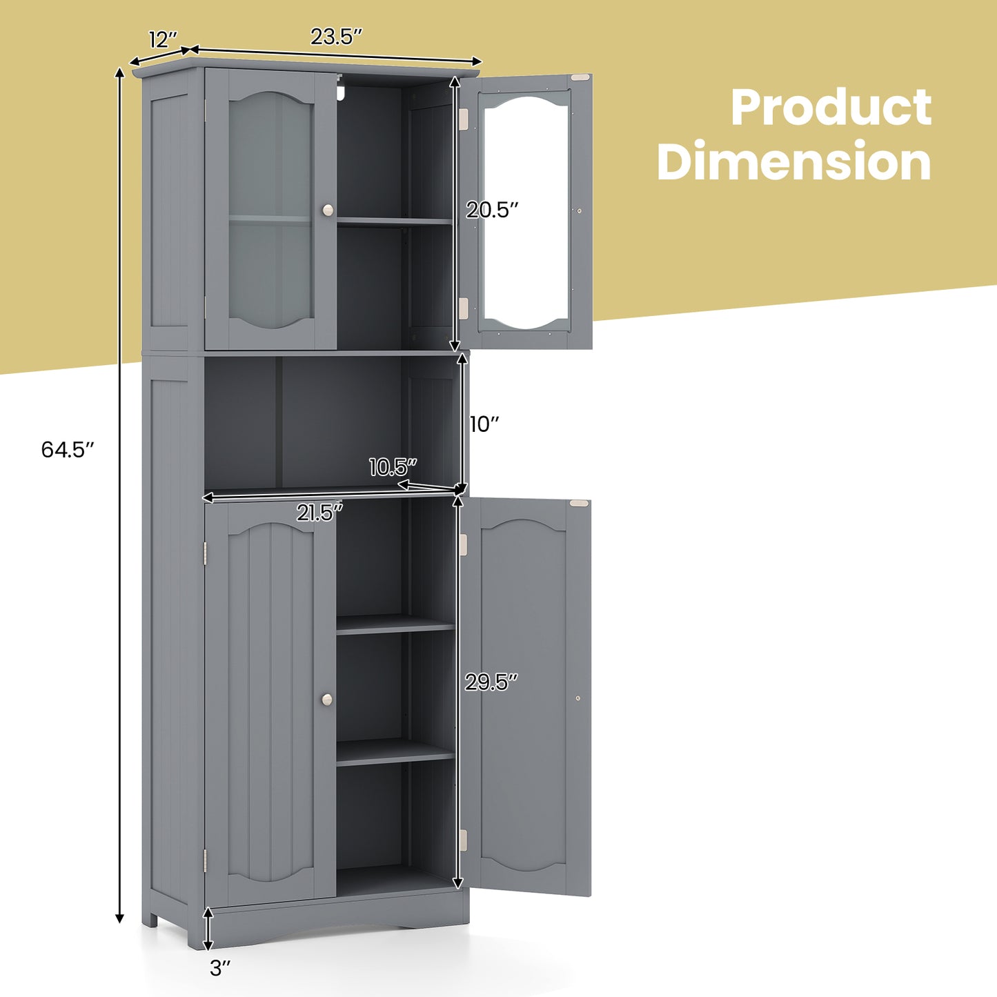 Badkamerkast – Hoge Kast – Kolomkast – Badmeubel – Wastafelonderkast – Mat Glazen Deuren – Verstelbare Planken – Grijs – 164 cm Hoog