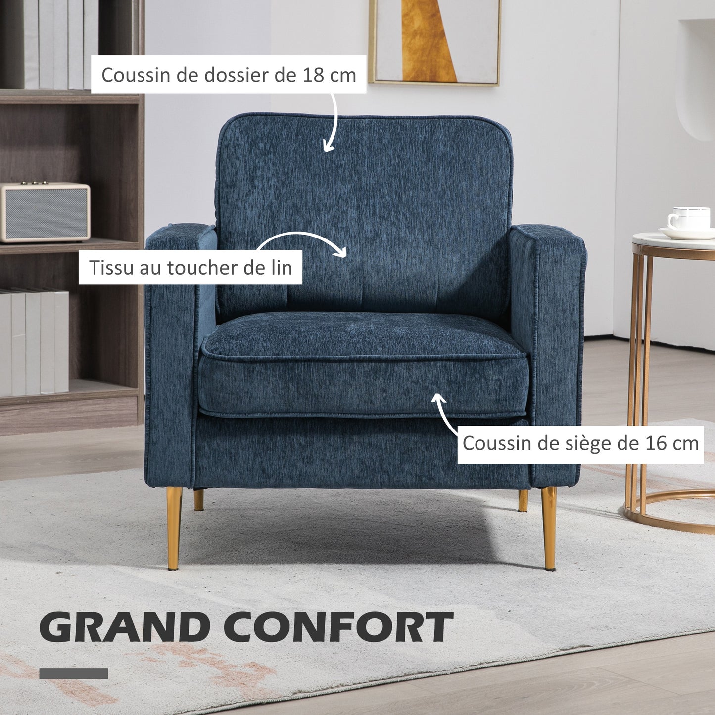 Fauteuil – Relaxstoel – Loungestoel – Zetel – Armstoel – Blauwe Stoffering – Gouden Metalen Poten – Zijzakken – Compact Design