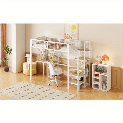 Hoogslaper – Kinderhoogslaper – Stapelbed – Eenpersoonsbed – Kinderbed – Met Veiligheidsladder – Metalen Kledingkast en Wit Bureau – 90x200 cm – Ruimtebesparend Design