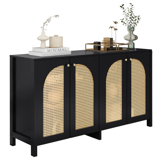 Dressoir – Buffettafel – Opbergkast – Ladekast – Wandkast – Modern Minimalistisch – 4 Rotan Deuren – Metaal Handgrepen