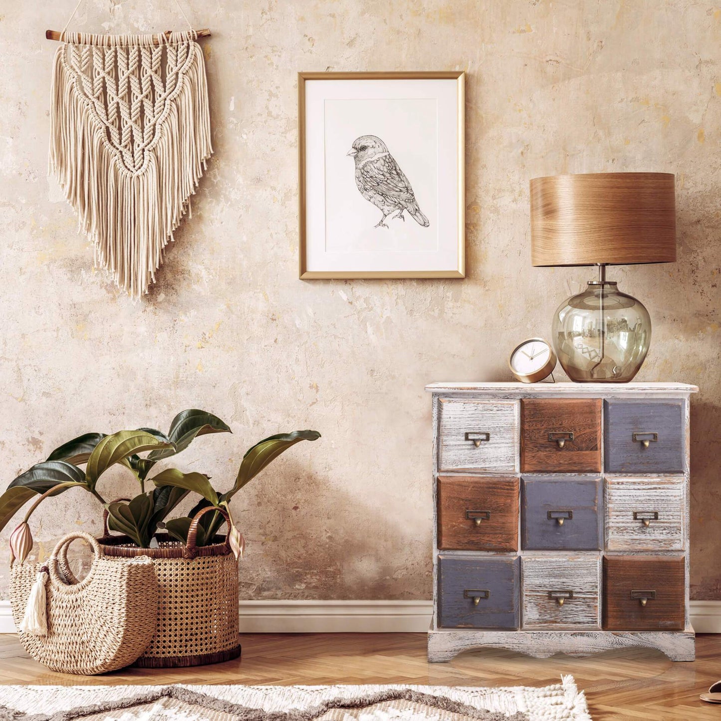 Commode – Ladekast – Dressoir – Opbergkast – Kast – 9 Lades – Lichtgewicht Paulownia Hout – Shabby Chic Design – 63x60x23 cm