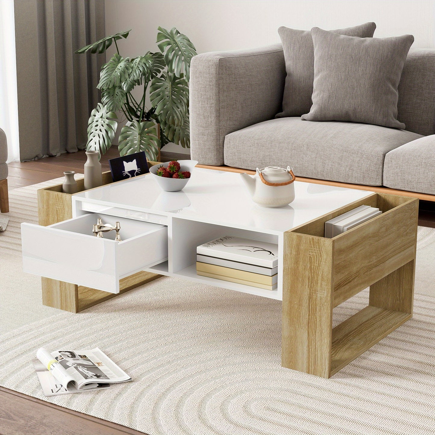 Salontafel – Koffietafel – Tafel – Woonkamertafel – Bijzettafel – Modern Wit + Khaki – 105 x 60 x 40 cm – Hoogglans Afwerking – Lade En Open Opbergruimte