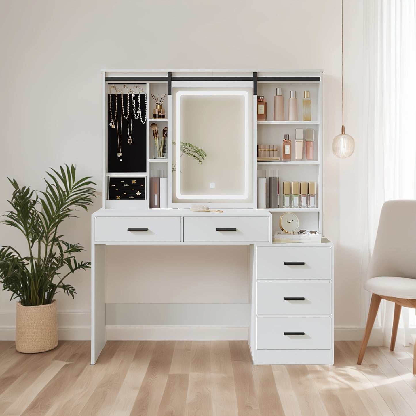 Dressing Table with Adjustable LED Lighting, Removable Large Mirror, with Jewelry Storage, Open Shelves, 5 Drawers, with Side Table, for Bedroom, White