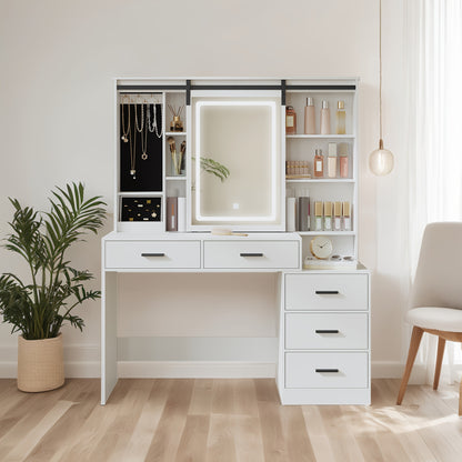 Kaptafel – Make-uptafel – Schminktisch – Beautymeubel – Vanity Table – Wit – Verstelbare LED-verlichting – Groot verstelbaar spiegelpaneel