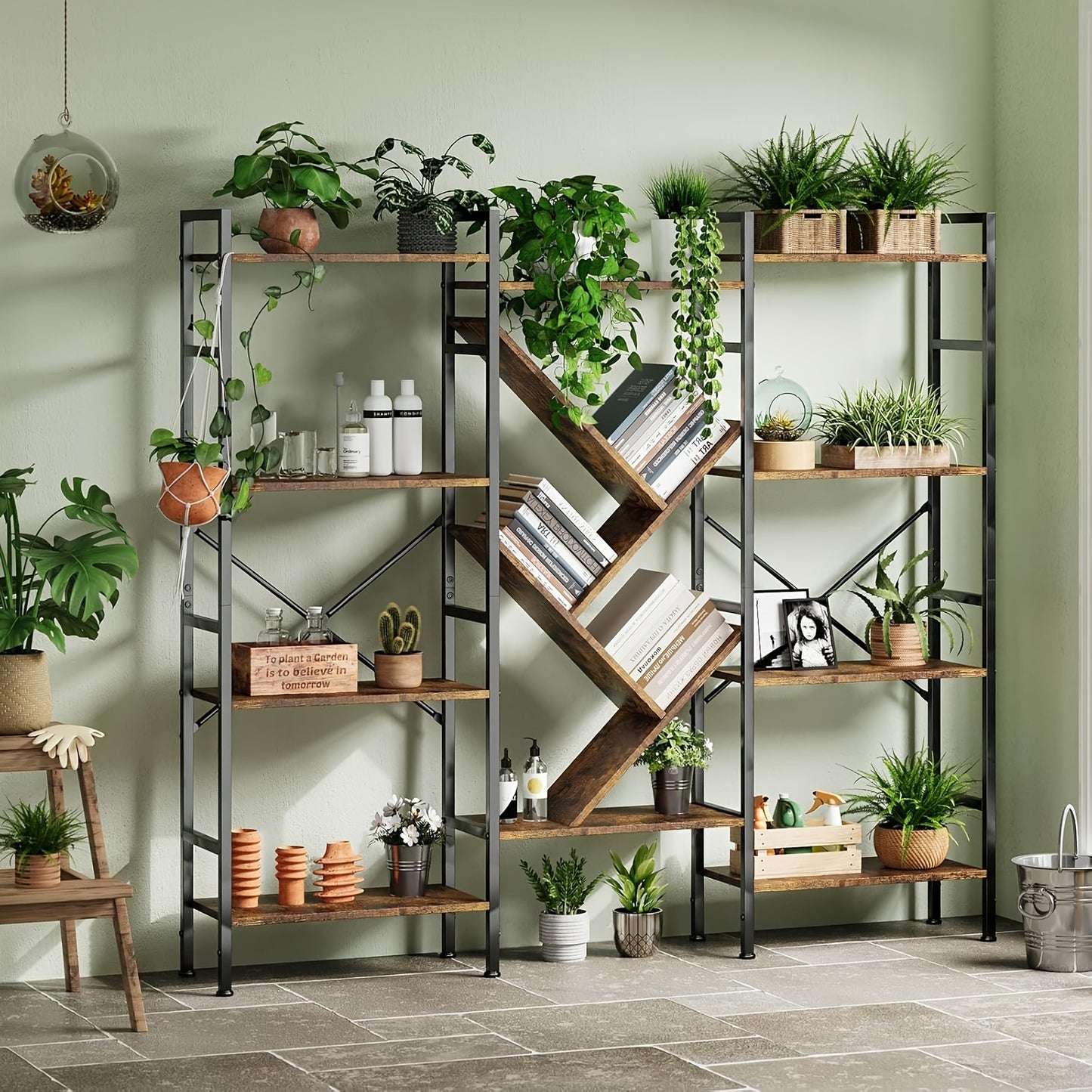 Industrial 4-Tier Large Bookcase with 14 Shelves - Heavy-Duty & Metal Frame Bookshelf, Rustic Storage Shelf Suitable for Living Room, Bedroom, Office - Assembly, Space-Saving Freestanding Furniture