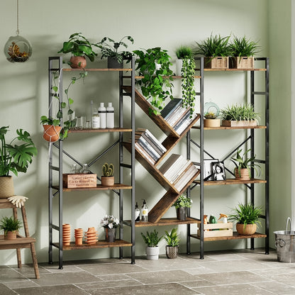 Industrial 4-Tier Large Bookcase with 14 Shelves - Heavy-Duty & Metal Frame Bookshelf, Rustic Storage Shelf Suitable for Living Room, Bedroom, Office - Assembly, Space-Saving Freestanding Furniture