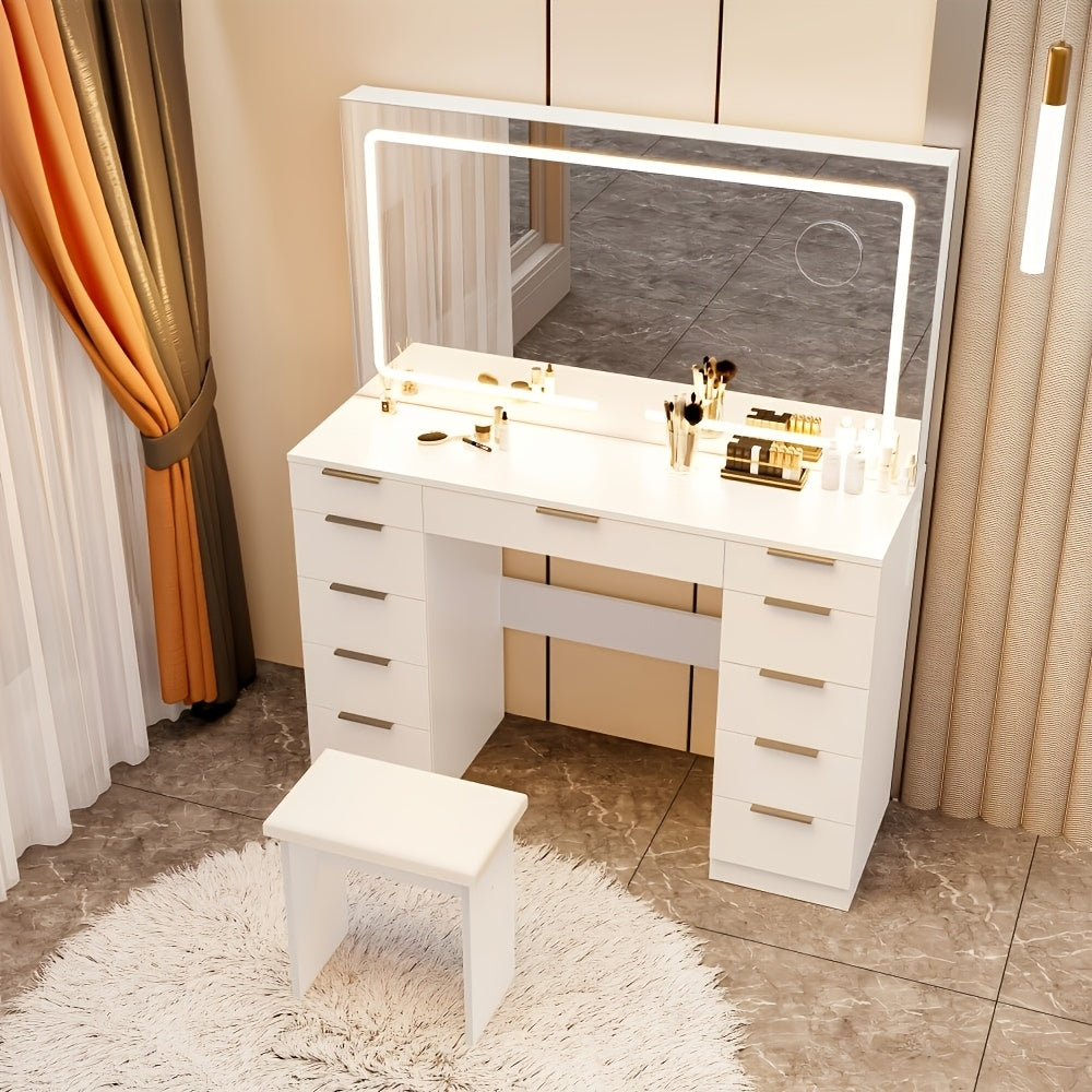 Kaptafel – Make-up Tafel – Toonbank – Dressoir – Schoonheidstafel – Wit – 11 Lades – Verstelbare LED Spiegel – Glazen Tafelblad – Inclusief Krukje