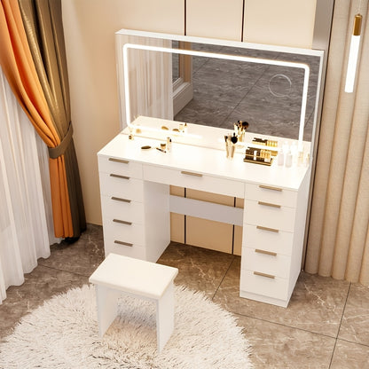 Kaptafel – Make-up Tafel – Toonbank – Dressoir – Schoonheidstafel – Wit – 11 Lades – Verstelbare LED Spiegel – Glazen Tafelblad – Inclusief Krukje