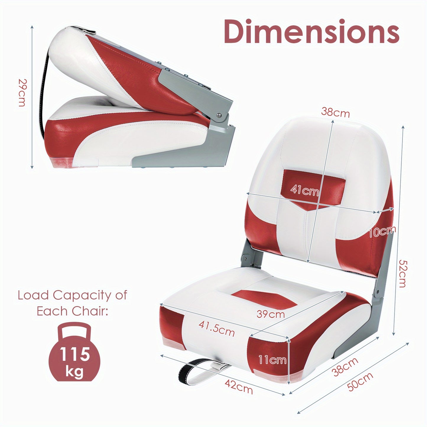 Bootstoel – Bootstoel Klapstoel – Inklapbare Bootstoel – Bootstoelen Set – Boot Zitstoel – Inklapbaar Design – Waterbestendig PVC & 11cm Schuimvulling – Rood/Wit 2 Stuks Set