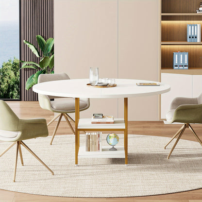 Eettafel – Ronde Tafel – Keukentafel – Eetkamertafel – Tafel – 4 Personen – 2 Opbergplanken – Gouden Metalen Poot – Wit MDF – Hittebestendig Blad – Verstelbare Voetjes