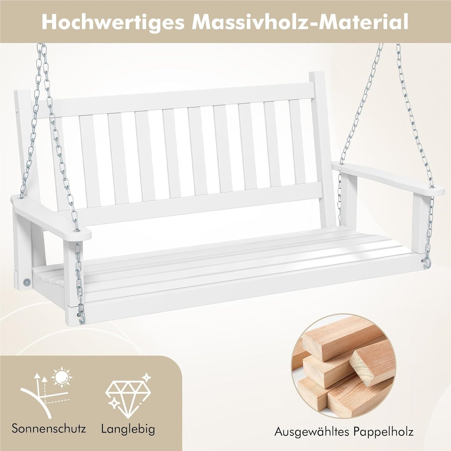 Schommelbank – Hangbank – Tuinbank – Tuinschommel – Hollywoodschommel – 3-Zits – Massief Populierenhout – Max 360 kg Draagkracht – Wit – 168x65x63 cm