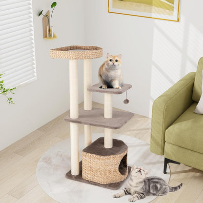 Kattenboom – Krabpaal – Klimpaal – Kattenhuis – Kattenmeubel – Inclusief Zacht Kussen & Speelballetje – 131 cm Hoog – Natuurlijk Sisal & Riet – Koffiekleur