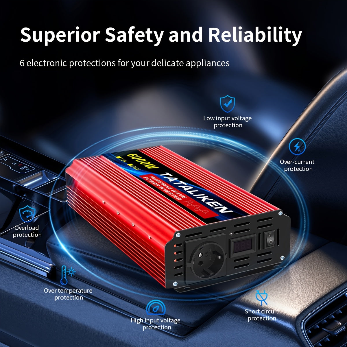 6000W Omvormer – Stroomomzetter – Spanning Converter – Auto Omvormer – 12V Naar 220V – Pure Sinusgolf – Krachtige 6000W Output