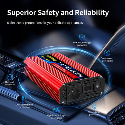 6000W Omvormer – Stroomomzetter – Spanning Converter – Auto Omvormer – 12V Naar 220V – Pure Sinusgolf – Krachtige 6000W Output