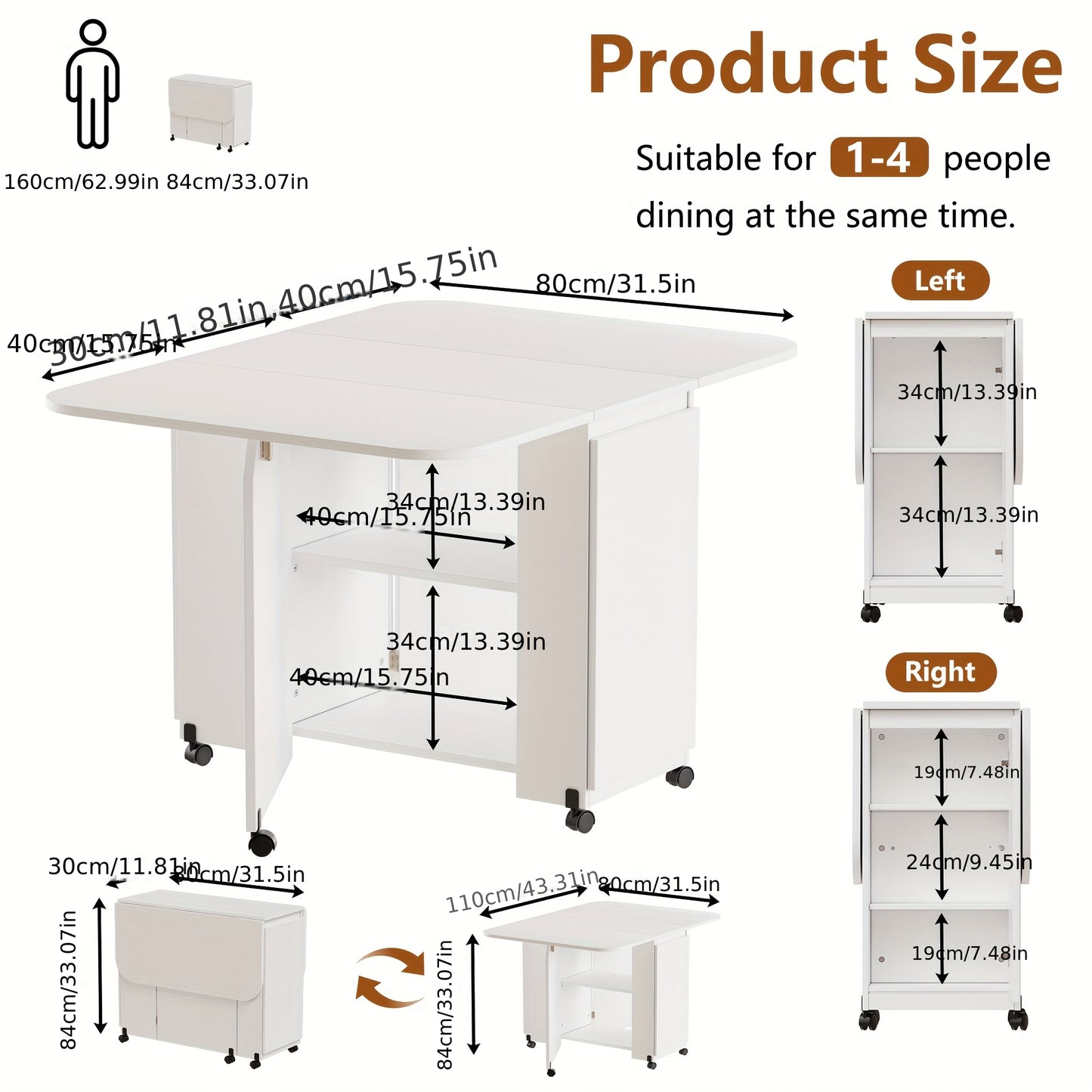Inklapbare Eettafel – Opvouwbare Tafel – Uitklapbare Tafel – Mobiliteitstafel – Ruimtebesparende Tafel – Wit – Met Wieltjes En Remmen – Uitbreidbaar Tot 110x80 cm