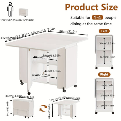 Inklapbare Eettafel – Opvouwbare Tafel – Uitklapbare Tafel – Mobiliteitstafel – Ruimtebesparende Tafel – Wit – Met Wieltjes En Remmen – Uitbreidbaar Tot 110x80 cm