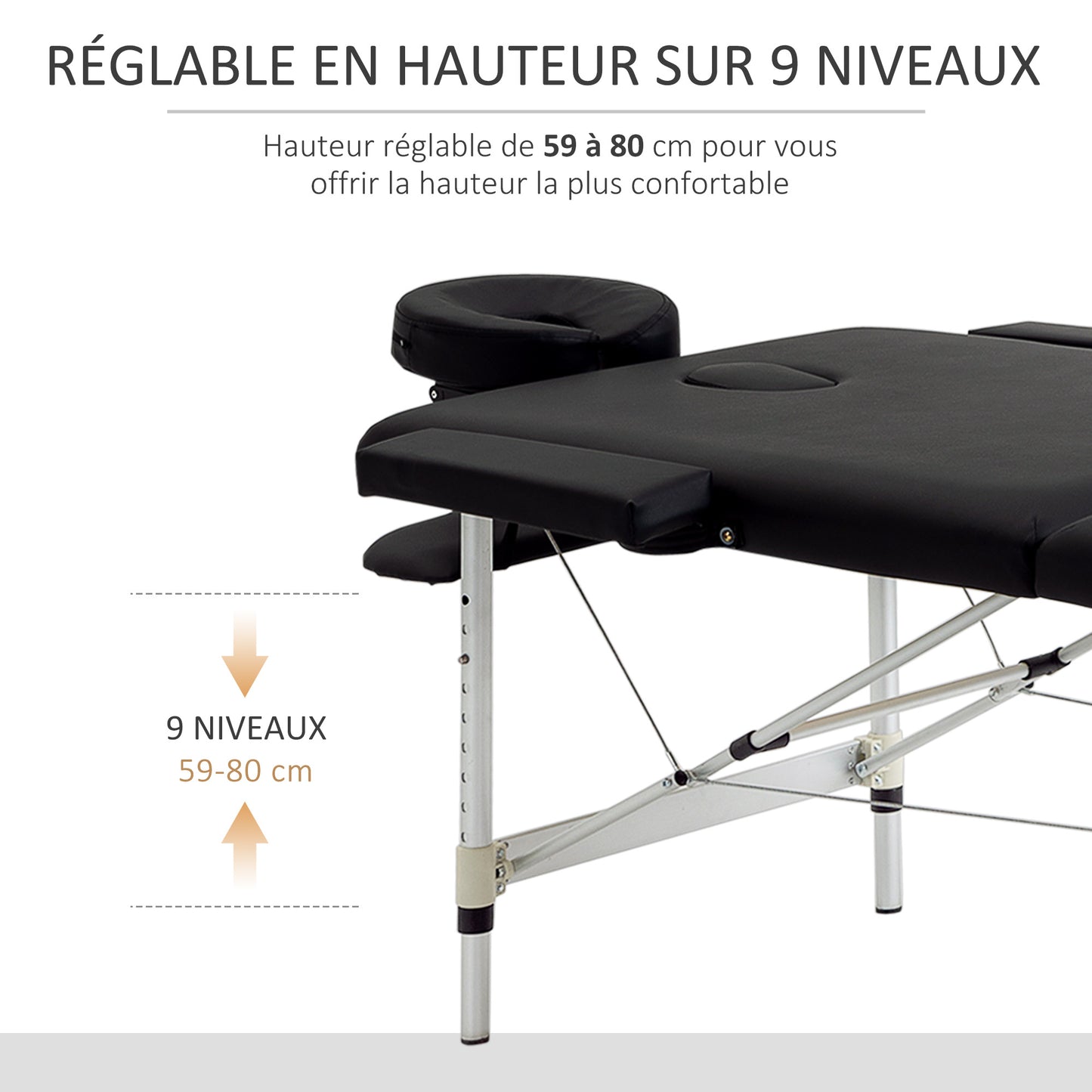 Massagetafel – Behandeltafel – Massagebed – Therapiebed – Inklapbaar – Verstelbare Hoogte 59-84 cm – Draagvermogen 225 kg – Aluminium Frame – Zwart – 185x70 cm