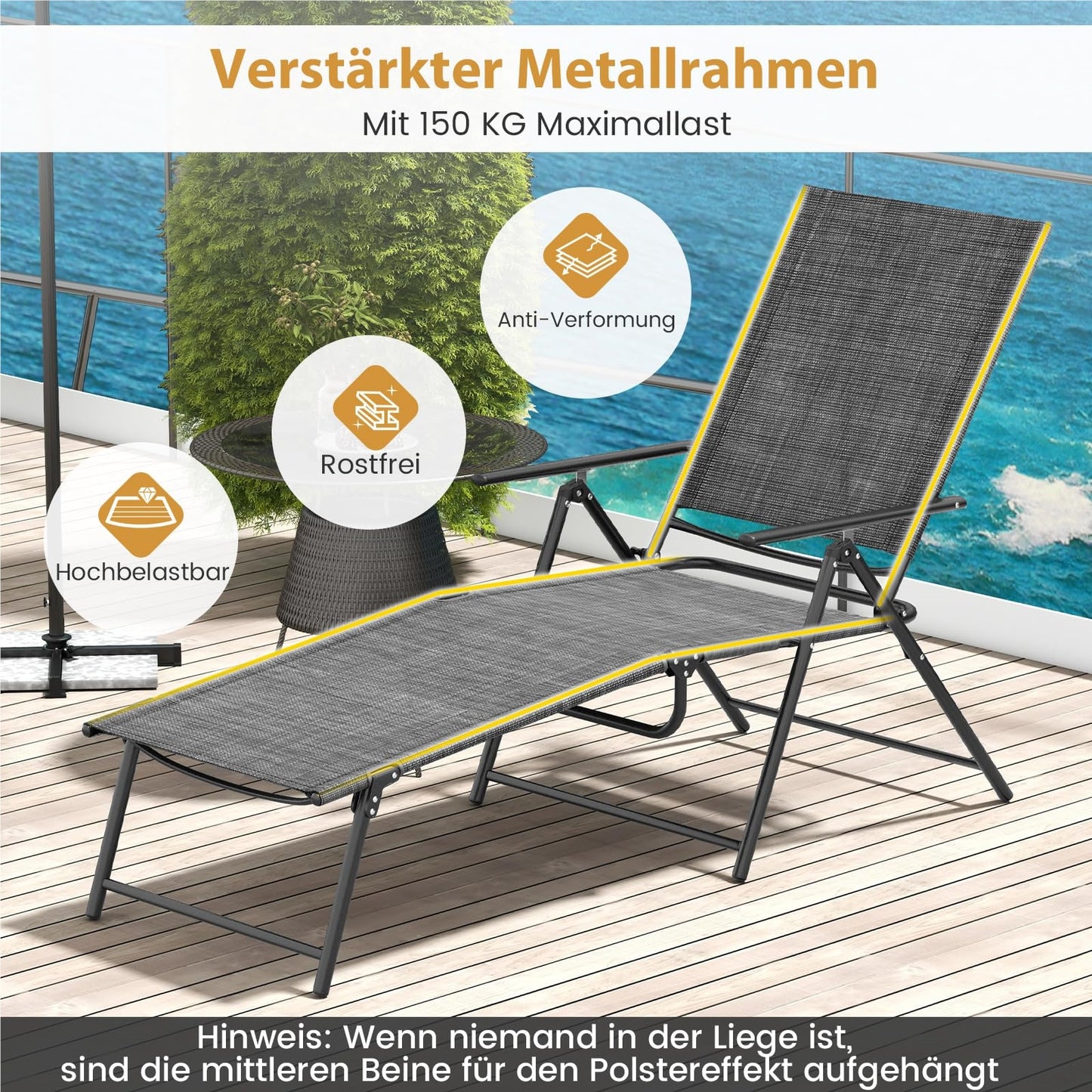 2-Persoons Loungebed – Ligbedden – Tuinstoelen – Lounge Stoelen – Zonnebedden – Verstelbare Rugleuning – Ademende Sneldrogende Stoffering – Grijs – Vouwbaar – Max. 150 kg Draagvermogen