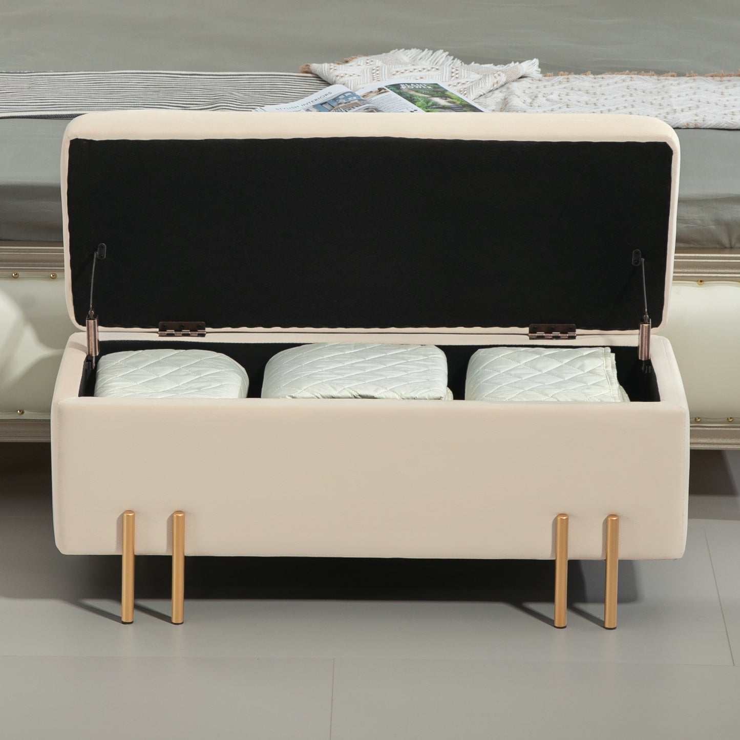 Opbergbank – Zitkist – Stoelkruk – Opbergbox – Ottomaanse Bank – Beige – 100x40x42 cm – Rubberhout Met Metalen Frame