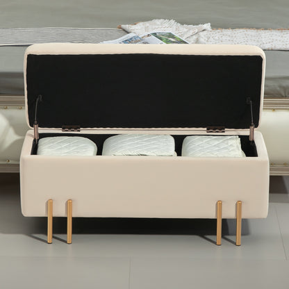 Opbergbank – Zitkist – Stoelkruk – Opbergbox – Ottomaanse Bank – Beige – 100x40x42 cm – Rubberhout Met Metalen Frame