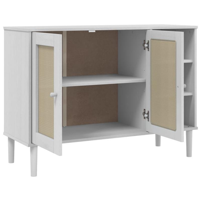 Modern Rattan Look Sideboard with Removable Shelves - Solid Pinewood, 3-Drawer & Open Shelf Design, Light Beige Finish for Living Room Organization, 112x40x80cm, Sideboard Cabinet, Minimalist Decor, Natural Wood Texture