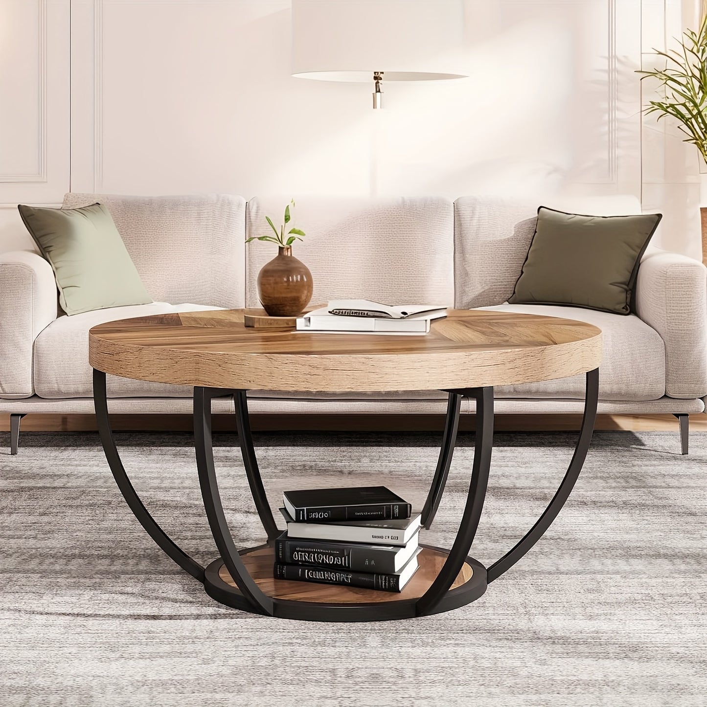 Ronde Salontafel – Koffietafel – Bijzettafel – Tafel – Woonkamertafel – Houtnerf Uitvoering – 2 Ladeplateaus – Ruim Opbergvlak – Metalen Frame – 80,5 cm Diameter – Eenvoudige Montage