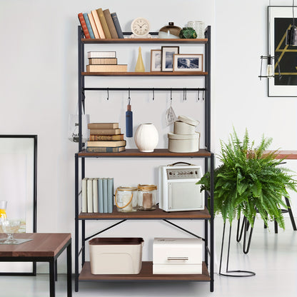 5-Lagen Keukenorganizer – Rustiek Zwart Walnoot – Industrieel Baker’s Rack met Opslag, Magnetronstandaard en Haakjes voor Kruiden en Keukengerei