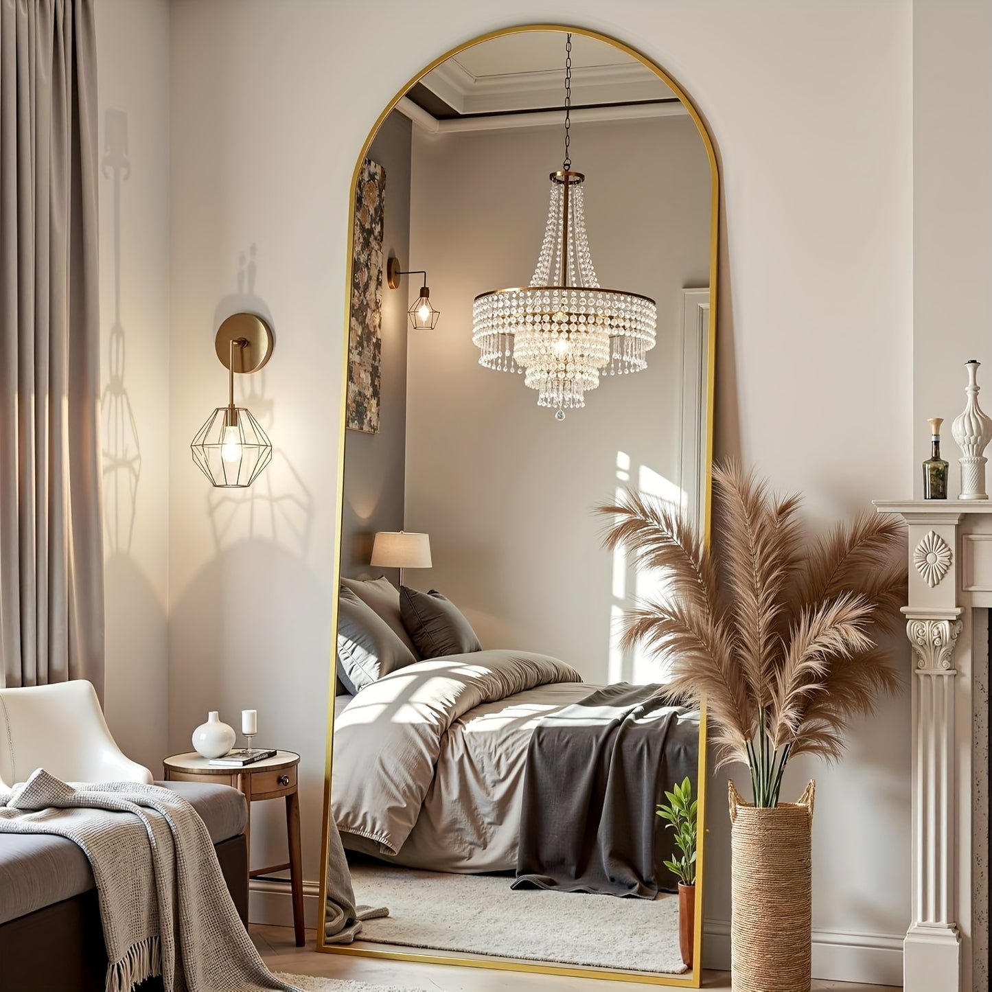 Staande Spiegel – Vloerlamp – Wandspiegel – Volle Lengte Spiegel – Paskamer Spiegel – Gouden Metaal Frame – Veilige Schokbestendige Spiegelglas