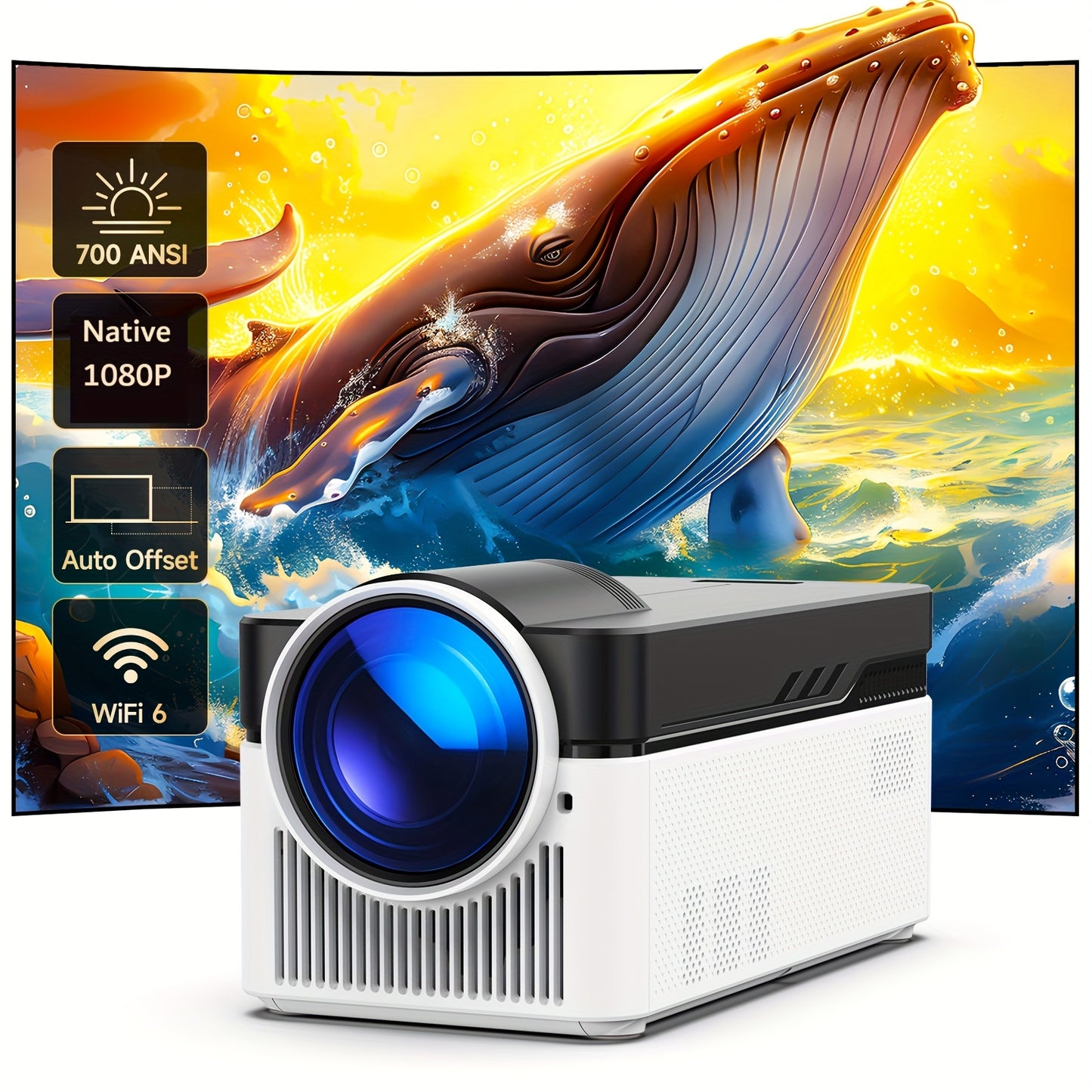 Ultra Kortwerpende Projector – Beamer – Draagbare Projector – Mini Projector – Android Projector – Full HD 1080P – 0,6:1 Werpafstand – WiFi 6 & Spraakbediening