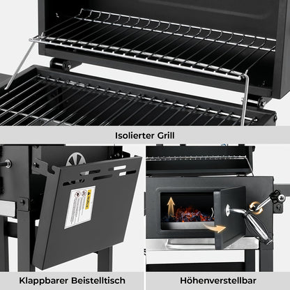 Houtskoolbarbecue – BBQ Grill – Smoker – Buitenbarbecue – Tuinbarbecue – Dubbel Grilloppervlak – Ingebouwde Thermometer – Verstelbare Houtskoolbak – Wielen Met Rem – Robuuste Metalen Constructie