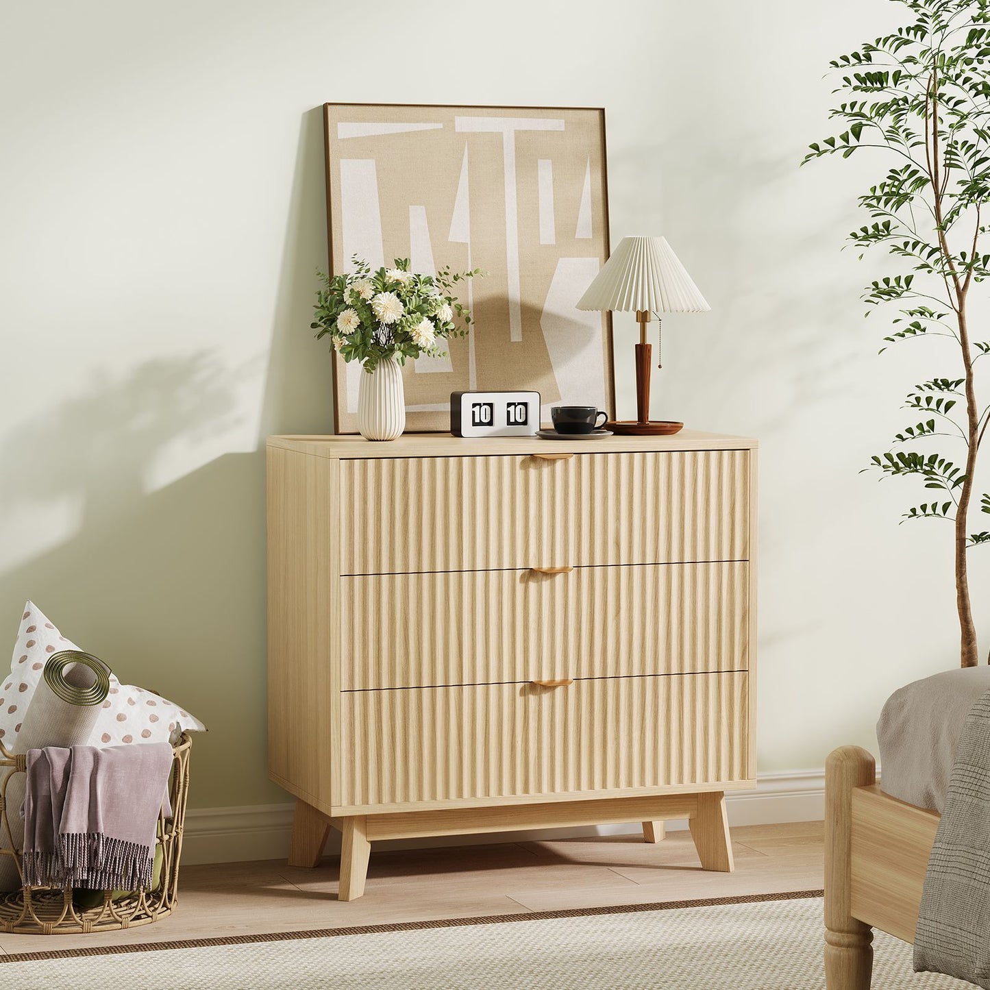 Modern Oak Wood Dresser with 3-Drawer Storage - Natural Oak Finish & Metal Handles, Tall Cabinet Suitable for Bedroom, Living Room, Hallway - Assembly Required, Furniture