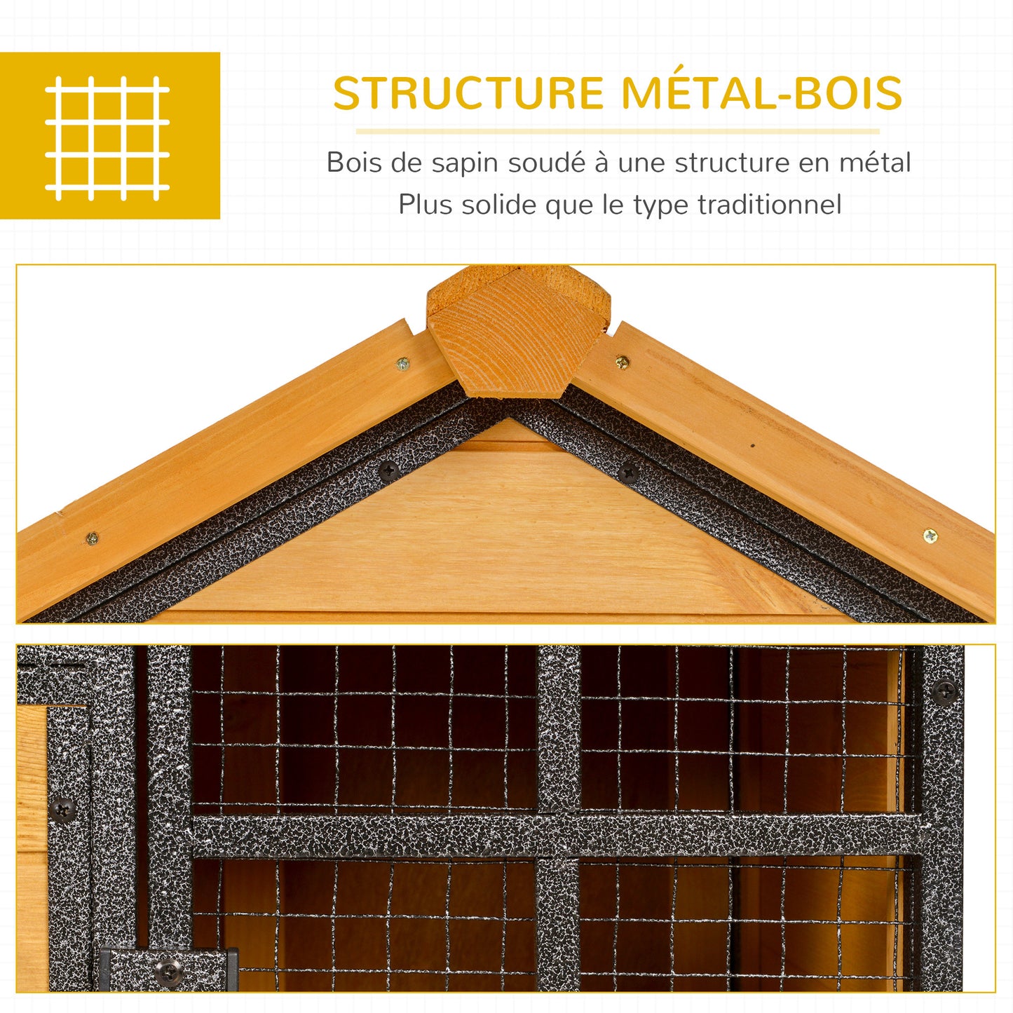 Konijnenhok – Dierenverblijf – Buitenren – Kippenhok – Ren Voor Konijnen – Epoxy Metalen Frame – Voorbehandeld Vurenhout – Met Ren En Loopplank – 122x63x92 cm – Oranje