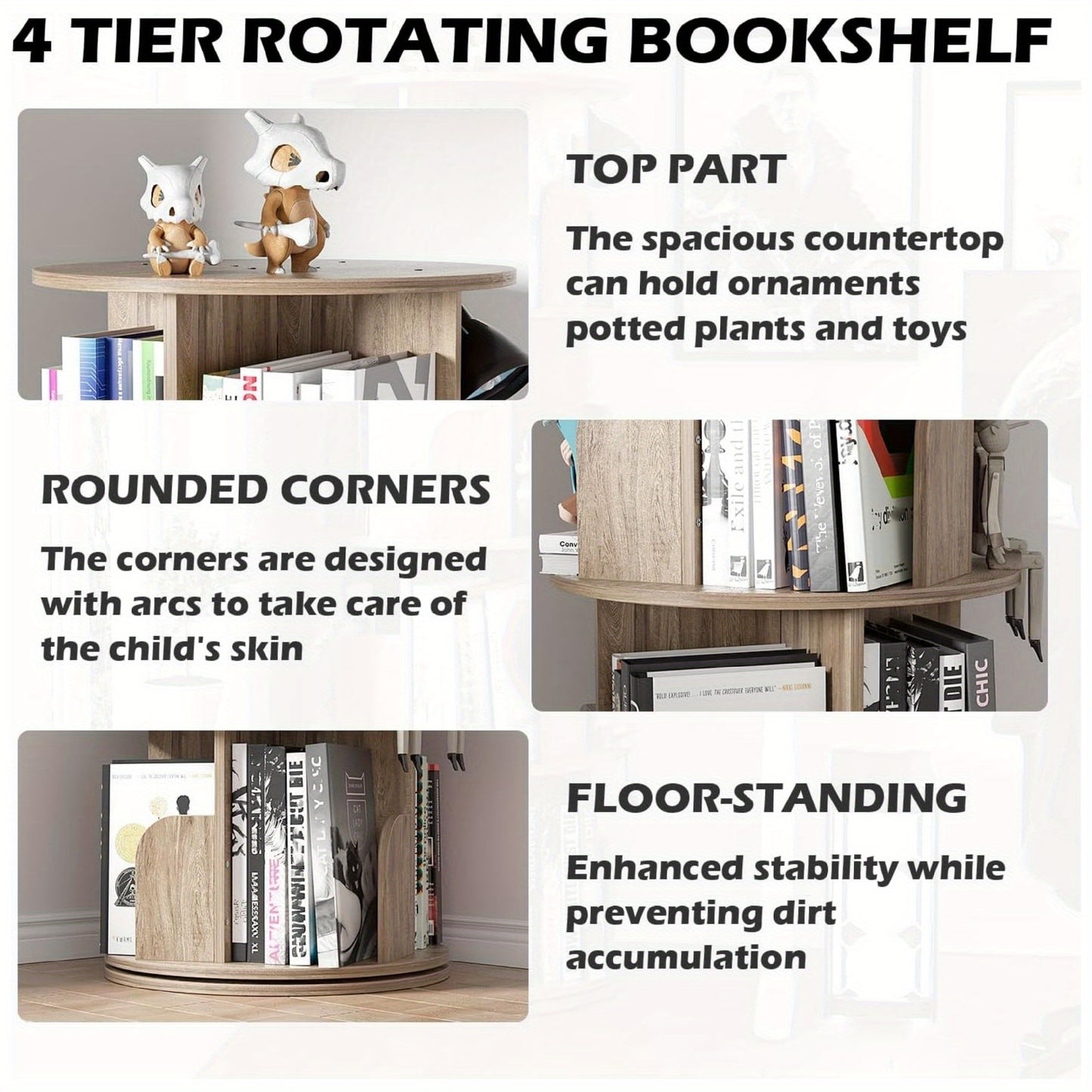 4 Tier Rotating Bookshelf, 360° Revolving Bookcase Wood Rotating Stackable Shelves Floor-Standing Storage Display Rack Used in Bedrooms Living Rooms Study Office (132.08cm x 45.72cm x 45.72cm)