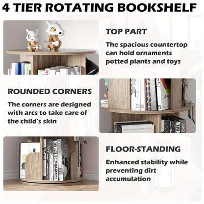 4 Tier Rotating Bookshelf, 360° Revolving Bookcase Wood Rotating Stackable Shelves Floor-Standing Storage Display Rack Used in Bedrooms Living Rooms Study Office (132.08cm x 45.72cm x 45.72cm)