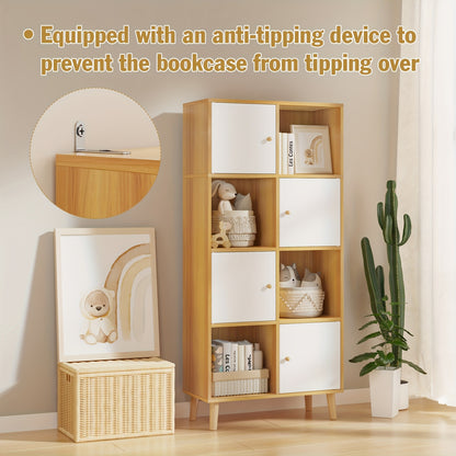 Boekenkast – Boekenrek – Opbergkast – Vakkenkast – Kast – Hout – 4 Deuren – 8 Vakjes – 64,5x30x140,5 cm – Vrijstaand Met Houten Poten