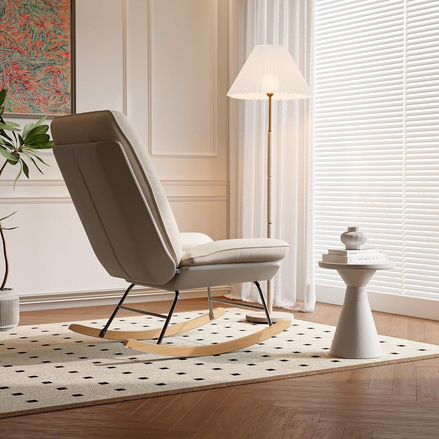 Schommelstoel – Relaxstoel – Ligstoel – Loungestoel – Creme Wit – 12-Posities Verstelbare Rugleuning – Dubbel Laags Technisch Stofontwerp