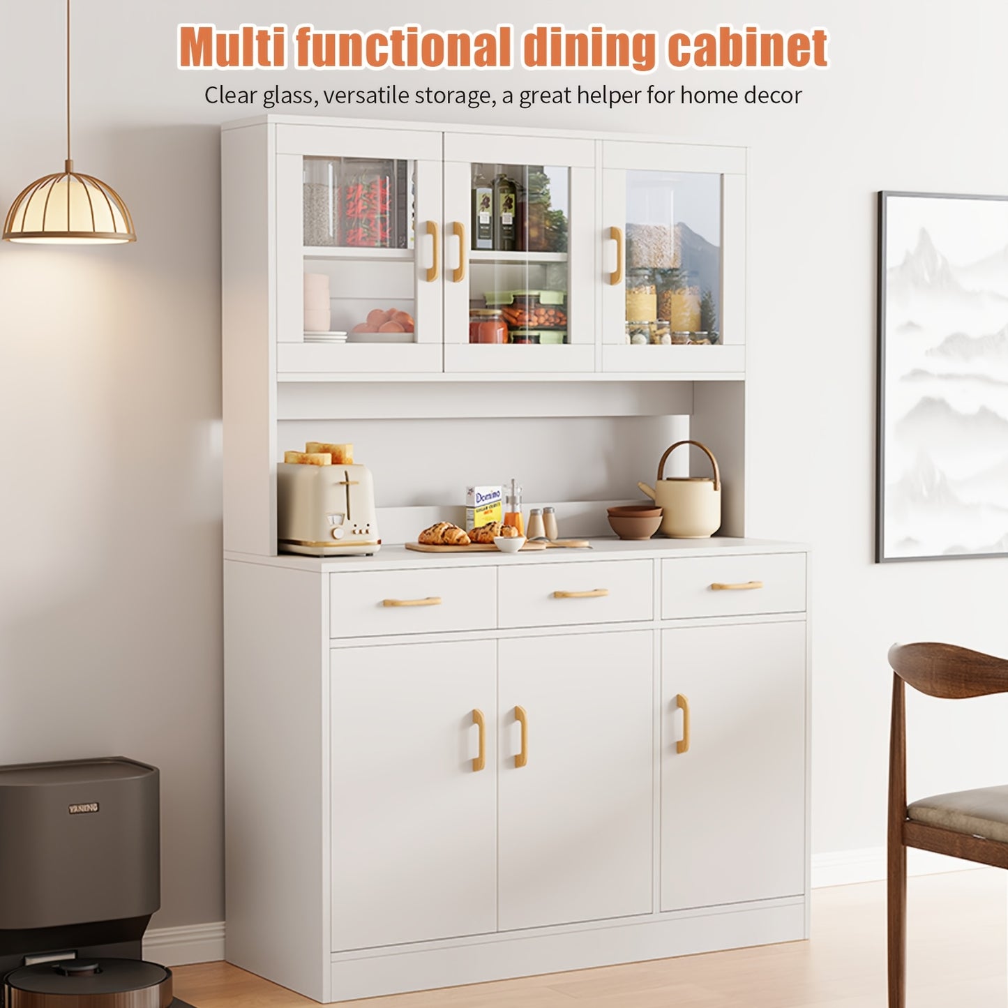 Keukenkast – Keukenbuffet – Opbergkast – Buffetkast – Kast – 6 Deuren – Verstelbare Planken – Wit MDF Met Gouden Handgrepen – Vrijstaand Met Werkblad